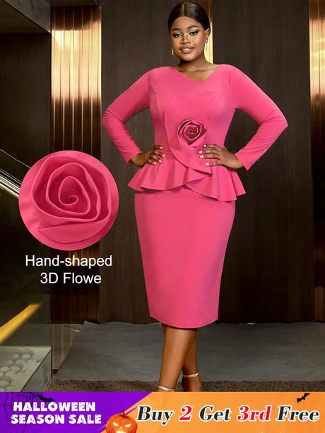 AOMEIDRESS Bodycon Peplum Dress with 3D Flower for Wedding Party WatermelonRed / S
