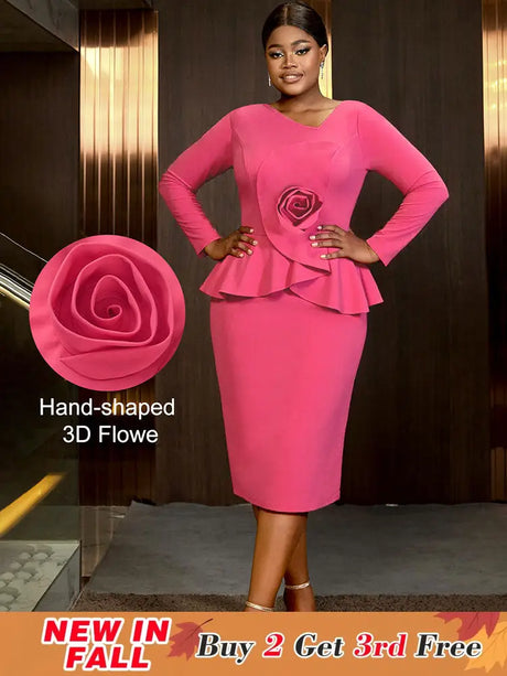 AOMEIDRESS Bodycon Peplum Dress with 3D Flower for Wedding Party WatermelonRed / S