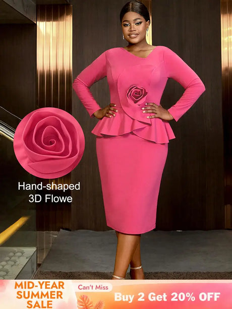 AOMEIDRESS Bodycon Peplum Dress with 3D Flower for Wedding Party WatermelonRed / S
