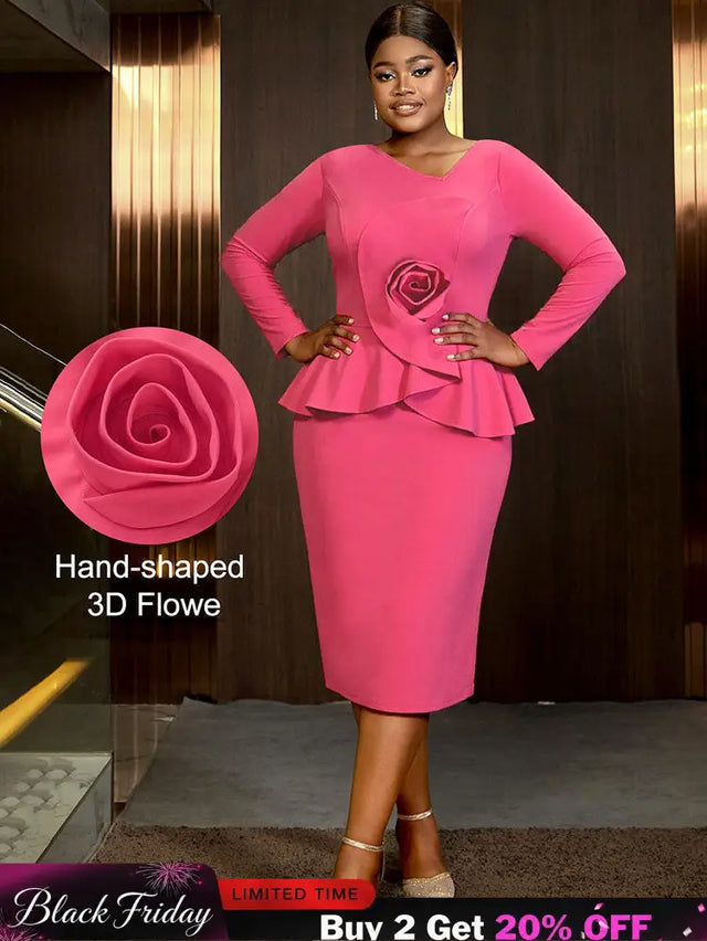 AOMEIDRESS Bodycon Peplum Dress with 3D Flower for Wedding Party WatermelonRed / S