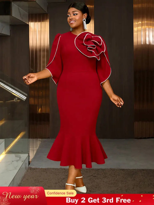 AOMEIDRESS Bodycon Red Mermaid Dress with 3D Flower for Wedding Party Red / S