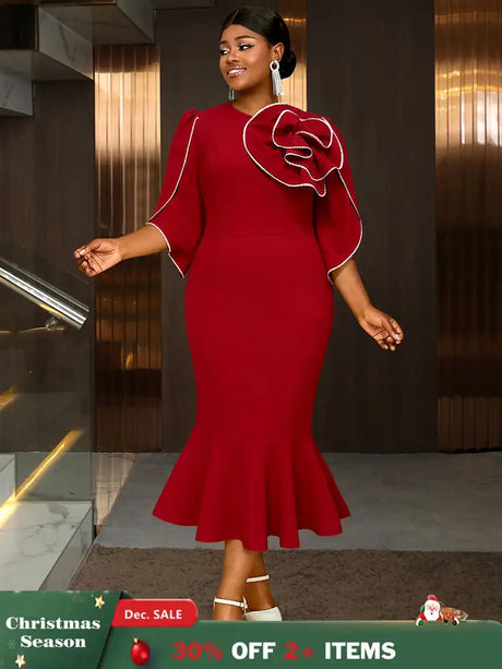 AOMEIDRESS Bodycon Red Mermaid Dress with 3D Flower for Wedding Party Red / S