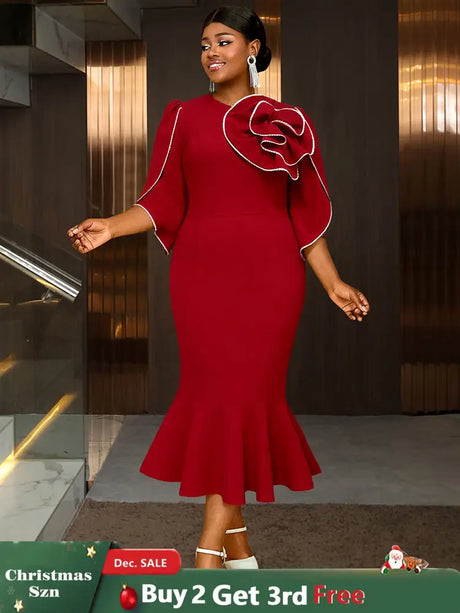 AOMEIDRESS Bodycon Red Mermaid Dress with 3D Flower for Wedding Party Red / S