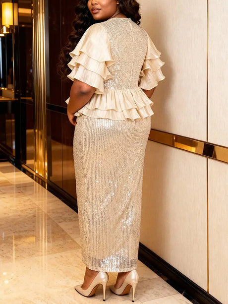 AOMEIDRESS Bodycon Sequin Dress V Neck Waist Cinching Ruffles Party