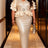 AOMEIDRESS Bodycon Sequin Dress V Neck Waist Cinching Ruffles Party - champagne / L