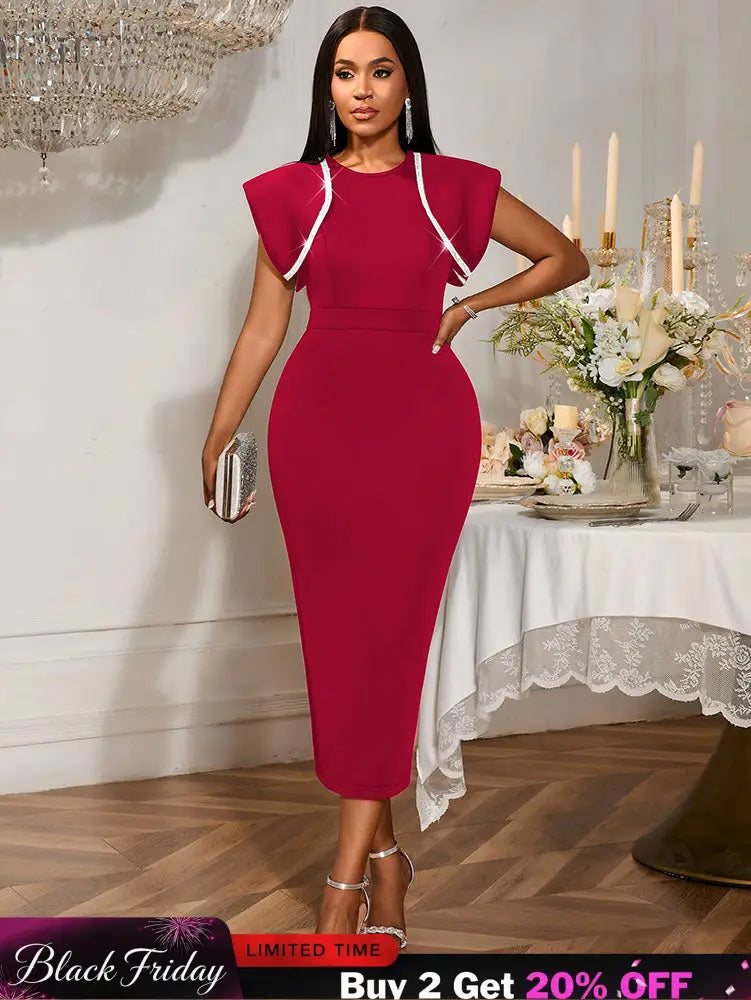 AOMEIDRESS Bodycon Sequins Dress for Wedding Guest Party Christmas DarkRed / S