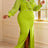AOMEIDRESS Bodycon Slit Dress Ruffles Lace Splicing Sleeves Beading - Mustard Green / L