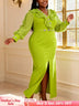 AOMEIDRESS Bodycon Slit Dress Ruffles Lace Splicing Sleeves Beading - Mustard Green / L