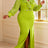 AOMEIDRESS Bodycon Slit Dress Ruffles Lace Splicing Sleeves Beading - Mustard Green / L