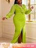 AOMEIDRESS Bodycon Slit Dress Ruffles Lace Splicing Sleeves Beading - Mustard Green / L