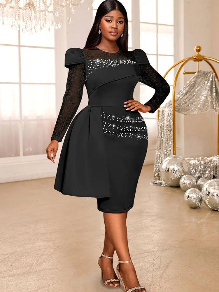 AOMEIDRESS Bodycon Wedding Guest Party Dress With Beading Lace Sleeve Black / S
