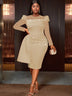 AOMEIDRESS Bodycon Wedding Guest Party Dress With Beading Lace Sleeve Khaki / S