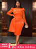 AOMEIDRESS Bodycon Wedding Guest Party Dress With Beading Lace Sleeve Orange / S