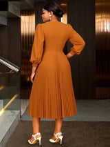 AOMEIDRESS Brown A Line Dress Skew Collar Long Puff Sleeve 3D Flower