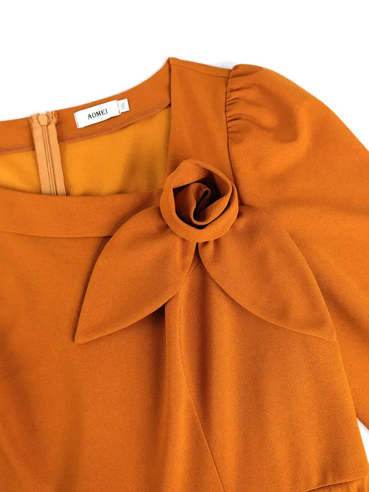 AOMEIDRESS Brown A Line Dress Skew Collar Long Puff Sleeve 3D Flower