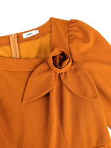 AOMEIDRESS Brown A Line Dress Skew Collar Long Puff Sleeve 3D Flower