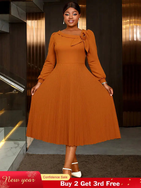 AOMEIDRESS Brown A Line Dress Skew Collar Long Puff Sleeve 3D Flower Brown / S