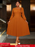 AOMEIDRESS Brown A Line Dress Skew Collar Long Puff Sleeve 3D Flower Brown / S