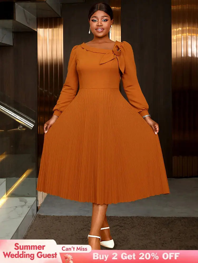AOMEIDRESS Brown A Line Dress Skew Collar Long Puff Sleeve 3D Flower Brown / S