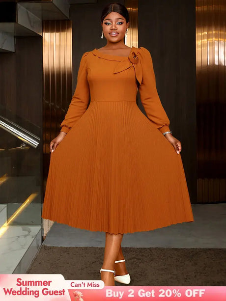 AOMEIDRESS Brown A Line Dress Skew Collar Long Puff Sleeve 3D Flower Brown / S