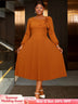 AOMEIDRESS Brown A Line Dress Skew Collar Long Puff Sleeve 3D Flower Brown / S