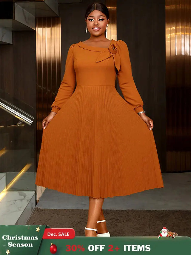 AOMEIDRESS Brown A Line Dress Skew Collar Long Puff Sleeve 3D Flower Brown / S