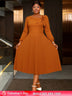 AOMEIDRESS Brown A Line Dress Skew Collar Long Puff Sleeve 3D Flower Brown / S