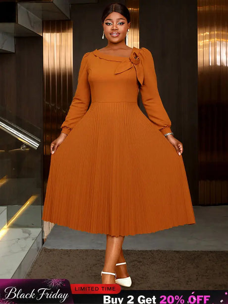 AOMEIDRESS Brown A Line Dress Skew Collar Long Puff Sleeve 3D Flower Brown / S