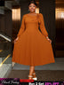 AOMEIDRESS Brown A Line Dress Skew Collar Long Puff Sleeve 3D Flower Brown / S