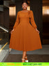 AOMEIDRESS Brown A Line Dress Skew Collar Long Puff Sleeve 3D Flower Brown / S