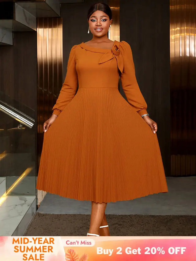 AOMEIDRESS Brown A Line Dress Skew Collar Long Puff Sleeve 3D Flower Brown / S