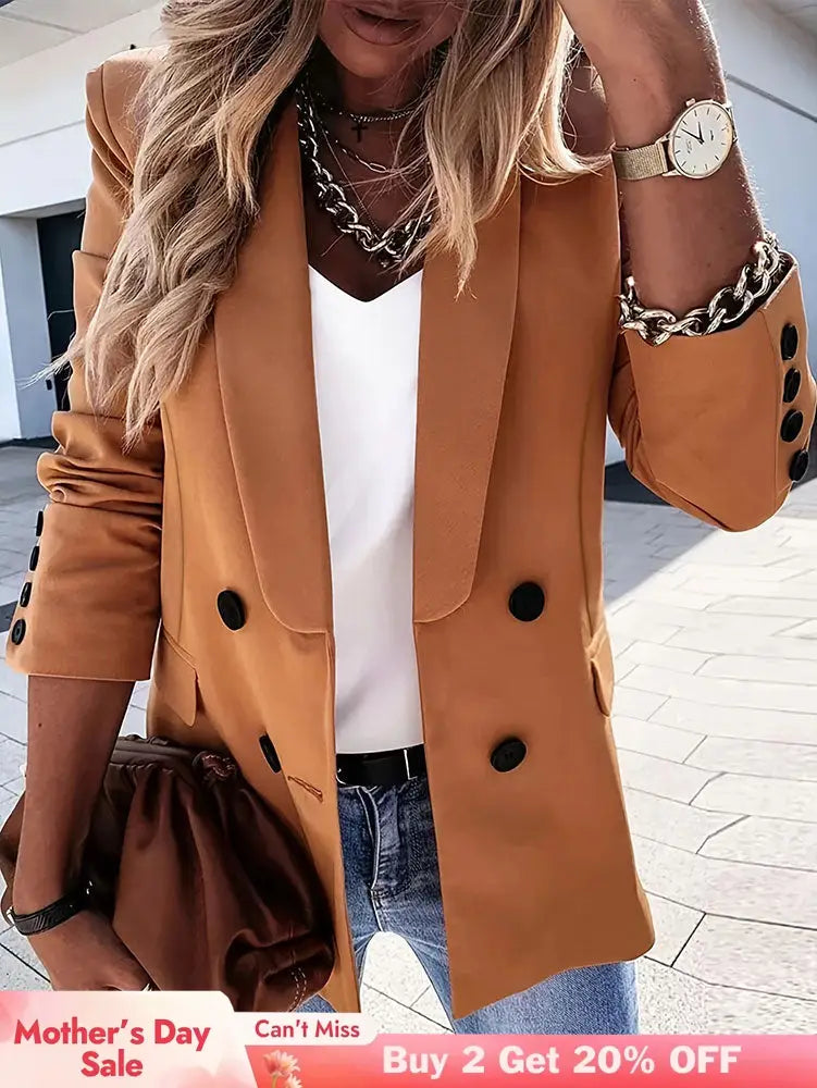 AOMEIDRESS Brown Office Blazer Lapel Button Elegant Business Wear Brown / S
