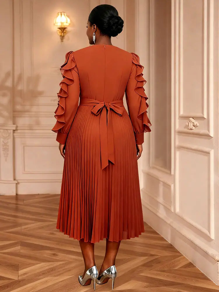 AOMEIDRESS Brown Pleated Chiffon Dress Ruffle Sleeve Party Outfits