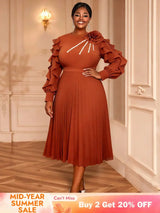 AOMEIDRESS Brown Pleated Chiffon Dress Ruffle Sleeve Party Outfits Brown / M