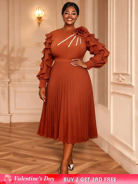 AOMEIDRESS Brown Pleated Chiffon Dress Ruffle Sleeve Party Outfits Brown / M