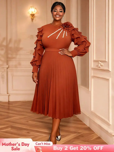 AOMEIDRESS Brown Pleated Chiffon Dress Ruffle Sleeve Party Outfits Brown / M