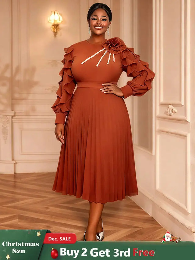 AOMEIDRESS Brown Pleated Chiffon Dress Ruffle Sleeve Party Outfits Brown / M