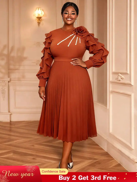 AOMEIDRESS Brown Pleated Chiffon Dress Ruffle Sleeve Party Outfits Brown / M