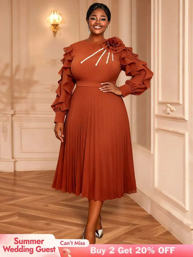 AOMEIDRESS Brown Pleated Chiffon Dress Ruffle Sleeve Party Outfits Brown / M