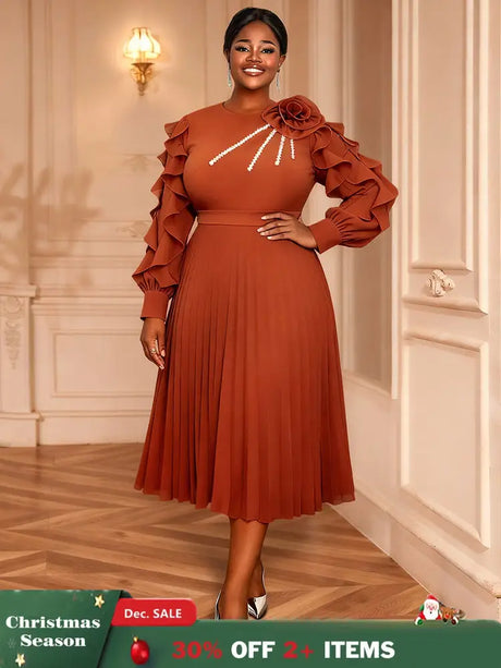 AOMEIDRESS Brown Pleated Chiffon Dress Ruffle Sleeve Party Outfits Brown / M