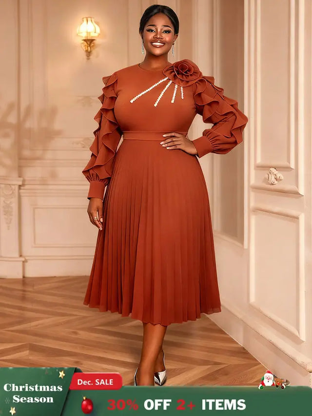 AOMEIDRESS Brown Pleated Chiffon Dress Ruffle Sleeve Party Outfits Brown / M