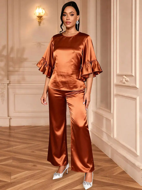 AOMEIDRESS Brown Satin Two Piece Set Butterfly Sleeves Tops Pants