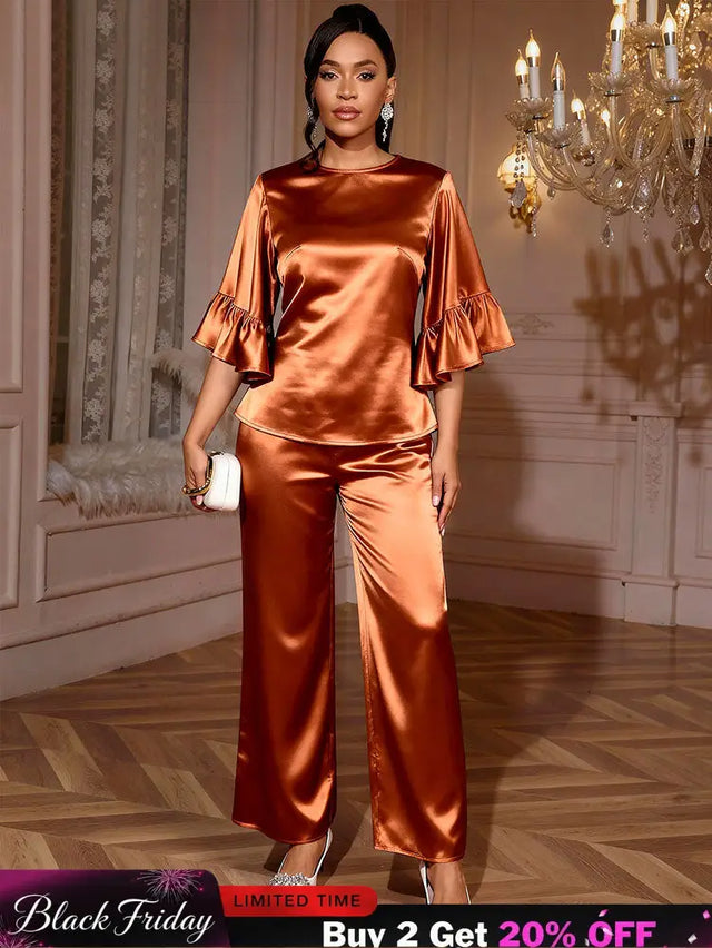 AOMEIDRESS Brown Satin Two Piece Set Butterfly Sleeves Tops Pants Brown / S