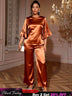 AOMEIDRESS Brown Satin Two Piece Set Butterfly Sleeves Tops Pants Brown / S