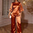 AOMEIDRESS Brown Satin Two Piece Set Butterfly Sleeves Tops Pants Brown / S