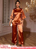 AOMEIDRESS Brown Satin Two Piece Set Butterfly Sleeves Tops Pants Brown / S