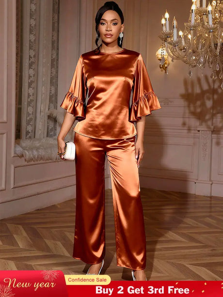 AOMEIDRESS Brown Satin Two Piece Set Butterfly Sleeves Tops Pants Brown / S