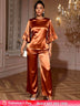 AOMEIDRESS Brown Satin Two Piece Set Butterfly Sleeves Tops Pants Brown / S