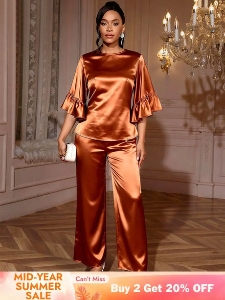 AOMEIDRESS Brown Satin Two Piece Set Butterfly Sleeves Tops Pants Brown / S