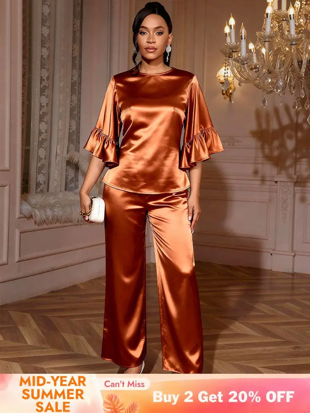 AOMEIDRESS Brown Satin Two Piece Set Butterfly Sleeves Tops Pants Brown / S